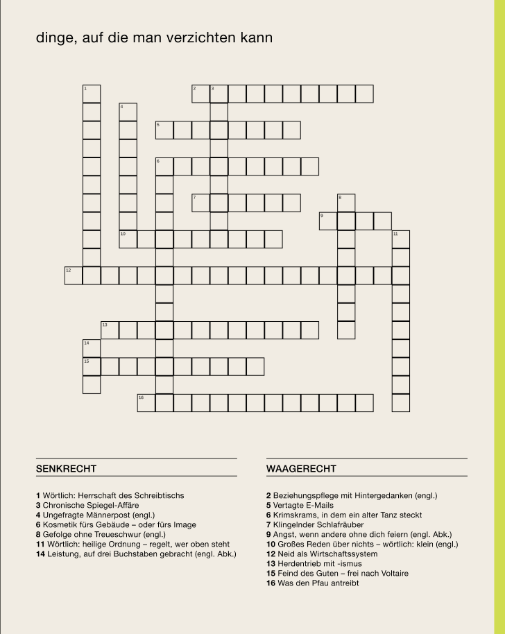 Kreuzworträtsel-Seite aus kästchen mit der Überschrift „dinge, auf die man verzichten kann“