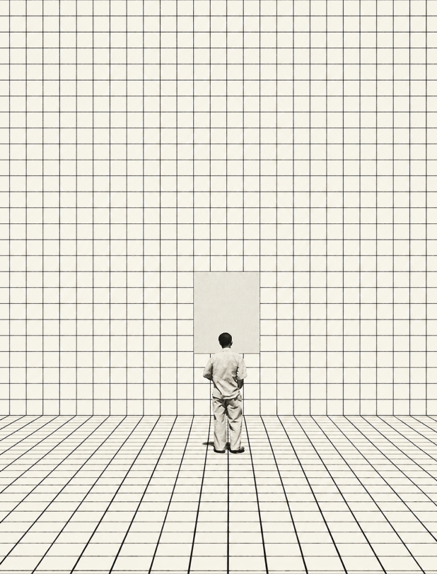 Rasterillustration: Person mit weißer Tafel in einem karierten Raum