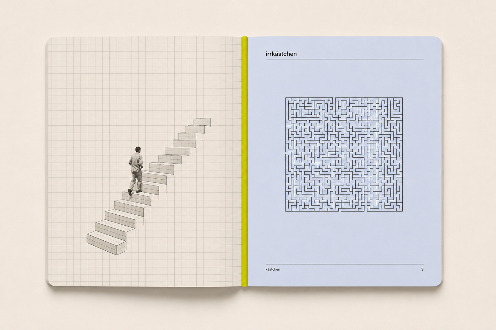 Doppelseite Irrkästchen mit Treppenillustration und Labyrinth